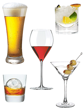 Different types of alcoholic beverages. Wine, beer, mixed drinks.