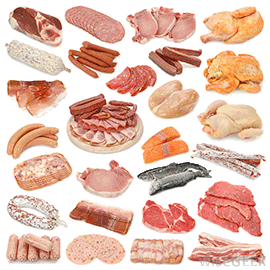 An assortment of types of meat that can cause gout.